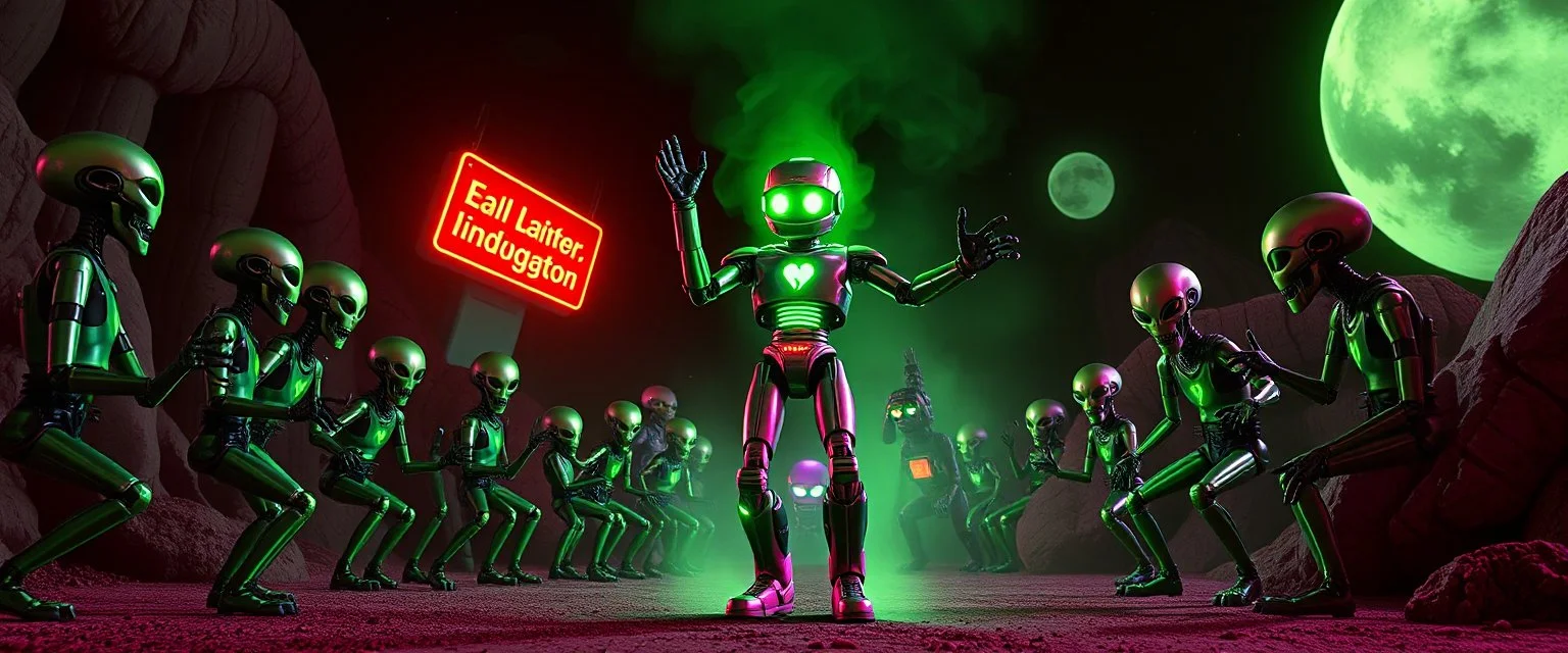 A robot named Dave started doing the splits, Blew a fuse in his hips and short-circuited his bits, The Martians went wild, the Plutonians screamed, Even black-and-white aliens turned ultraviolet green! in the style of fallout 4 and Rubenstein