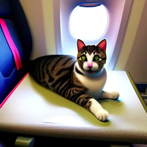 Gato sentado em uma poltrona de avião, foto realista,corpo inteiro