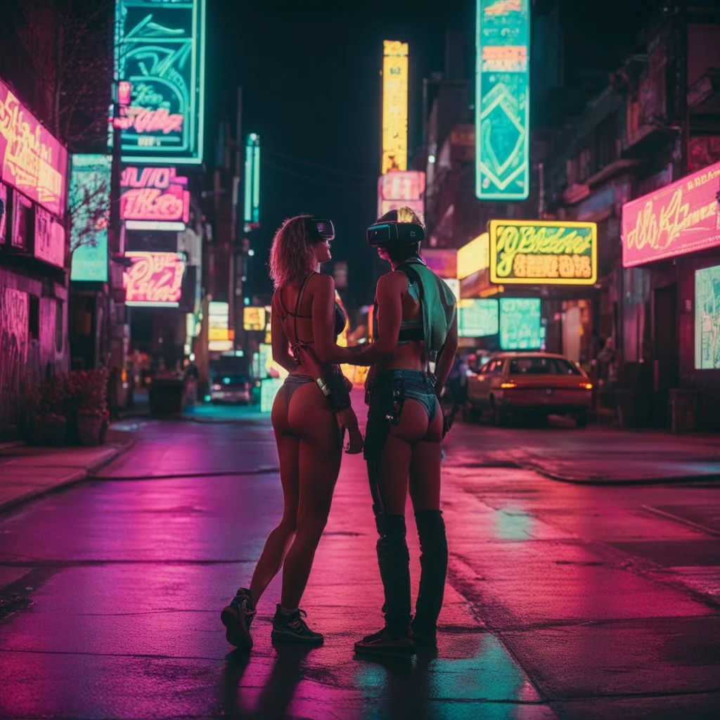 street photography of a woman and man on the street, night time, cyberpunk neon lights, 16mm , perfect photography, 1980's,vhs footage,wearing futuristic VR,bikini,view from back,bending,low light,shot by jvc gr-sz7,glitch,back to the future