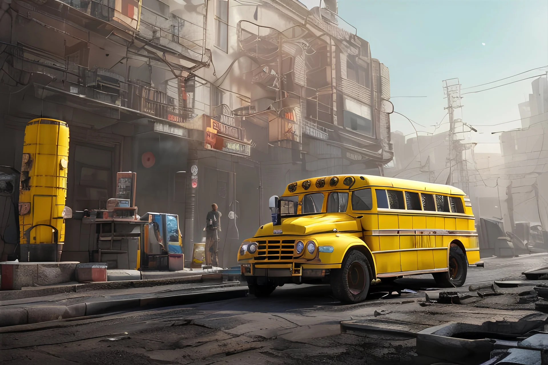 high quality, unreal engine, yellow color, 1953 vintage school bus, <Lora:cyberpunk_vehicle v1.0> cyberpunk it’s, day time