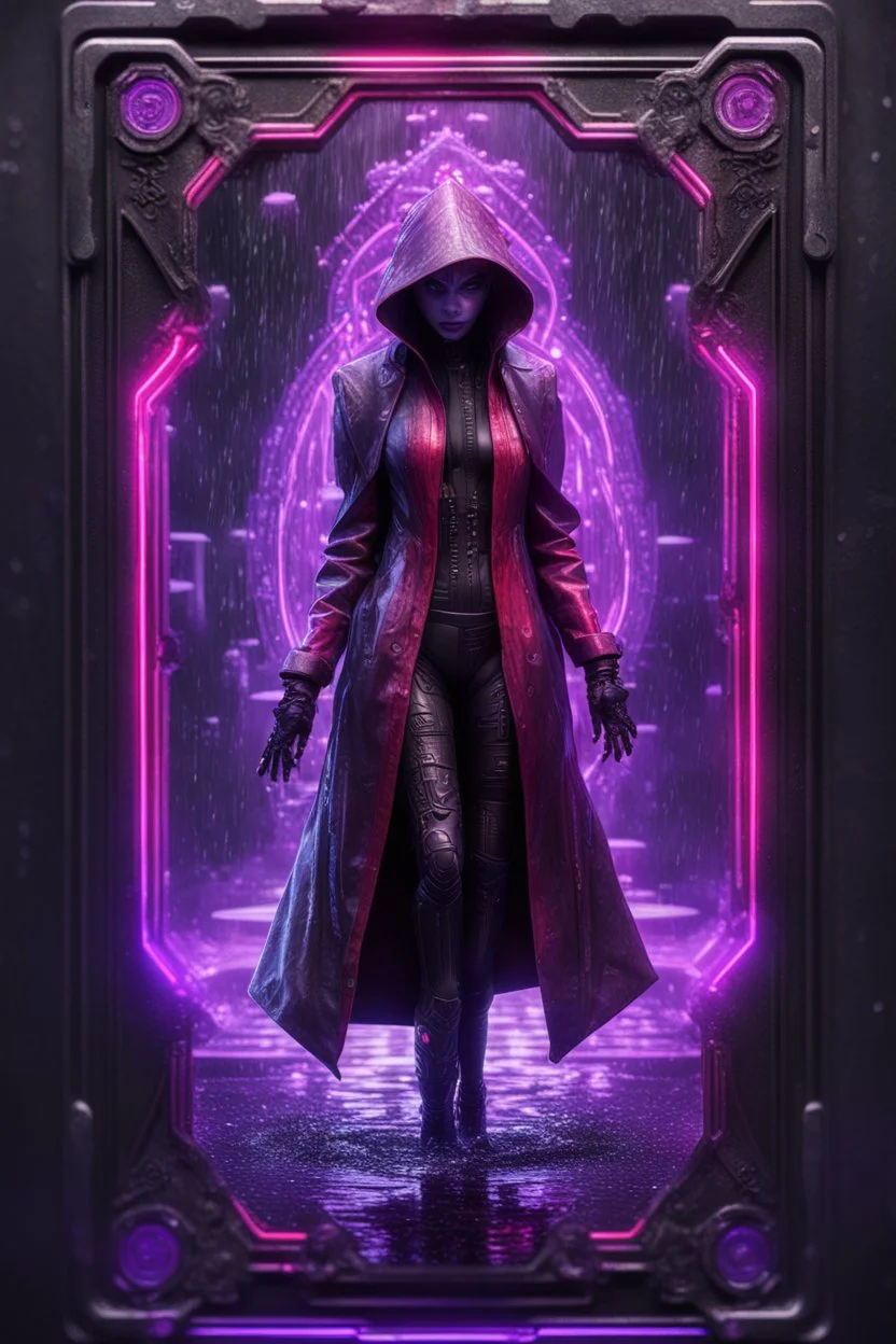 paradise sacred geometry framed playing card, black, red, spore and purple neon cyber punk dancer thief in soaked rain coat shadows boss card in the style of Giger and fallout 4 ,,bokeh like f/0.8, tilt-shift lens 8k, high detail, smooth render, down-light, unreal engine