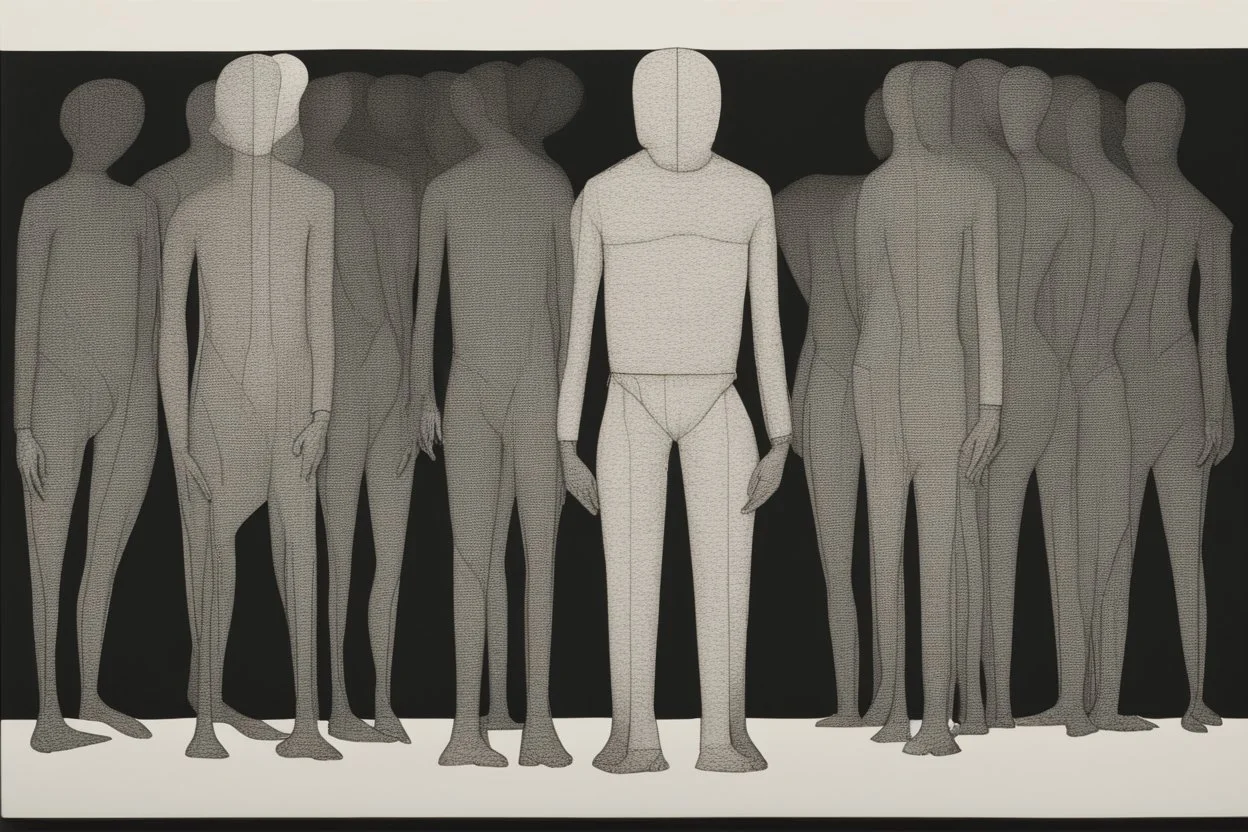 monochrome, cardboard figure on the left of the picture, stocky human figure with a head tilted to the left, almost no neck, no face or hair, schematic drawing, against a dark grey background with a symmetrical pattern, a lighter grey, almost monochrome, in moonlight, crayon drawing in shades of grey and black, ethereal, cinematic postprocessing