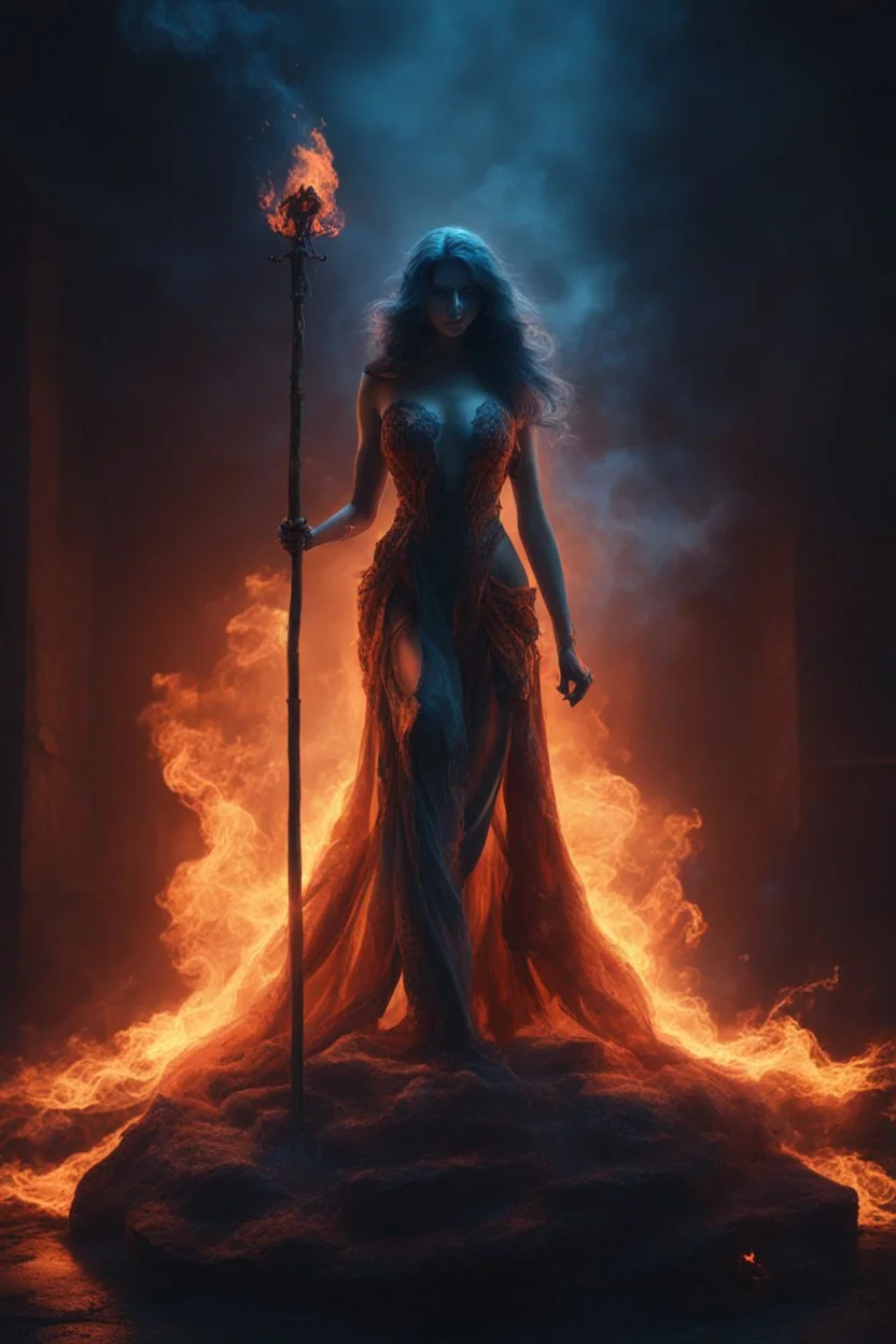 The female Shadow of Death using the staff of destruction. blue fire and orange smoke. fantasy art, Cinematic lighting, Volumetric lighting, Epic color composition, the hole naked truth, octane render