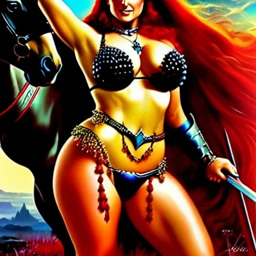 portrait oil on canvas, beautiful busty Red Sonja, minimal armor,riding a black Horse,comic book cover, mystical colors,insanely detailed,realistic,intrincate detail, 16k resolution, masterpiece,Frank Frazetta,Alex Horley, Simon Bisley,