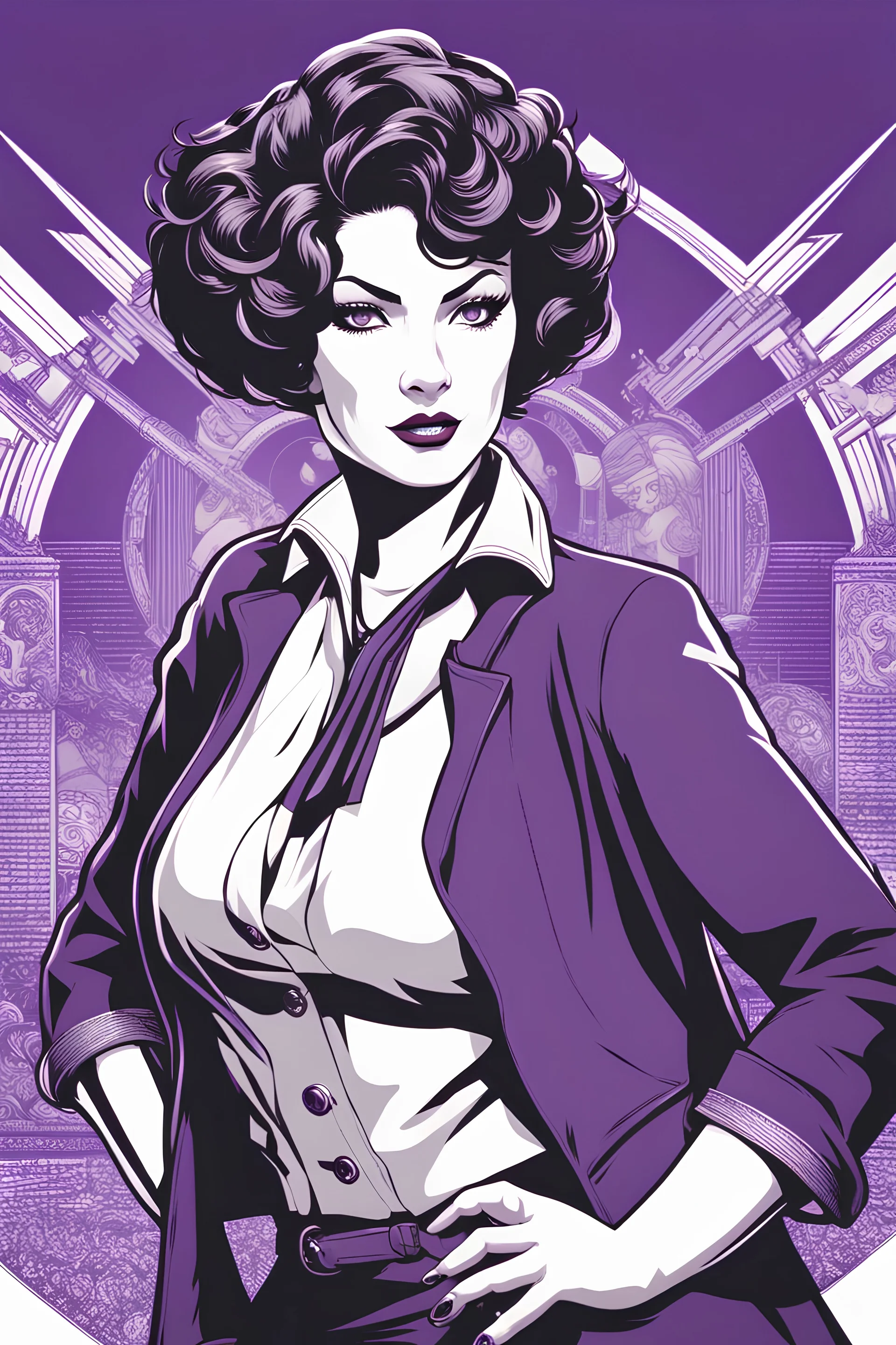 middle aged latina woman with thick eyebrows and curly short hair doing a Booker DeWitt impression including the clothing from Bioshock Infinite. only duotone purple and white. In the style of Akemi Takada, ultra detailed manga drawing, professional lighting, simple logo background. manga japanese comic style