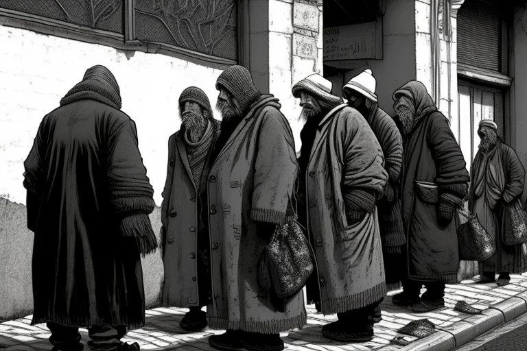 A group mature homeless huge penguins with worn out clothes, standing in a corner on the street, holding wine bottles in their wings , Vienna, mourning, model style, hyper realistic, extremely accurate, delicate, extremely detailed, Graphic novel style, wide-angle, open aperture, superfine pencil