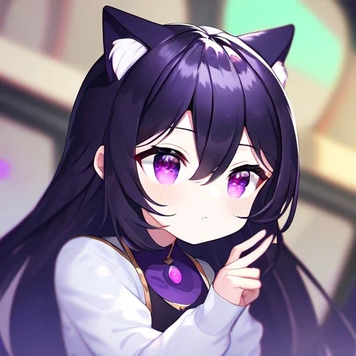 Clear focus, High resolution,a anime kid, rough line skecth, cute, cartoony style, 1girl, black long hair,hair between eyes, cat ears, purple eye, 1 purple streak in haie, half chibi, only head no body