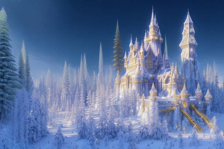  white and gold crystal castle，waterfall, winter snow flakessnow, northern Lights, full of details, smooth, bright sunshine，soft light atmosphere, light effect，vaporwave colorful, concept art, smooth, extremely sharp detail, finely tuned detail, ultra high definition, 8 k, unreal engine 5, ultra sharp focus