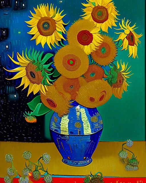 Girasoles de Vicent Van Gogh en metal brillante, florero plateado brillante, arte digital 3D maximalista, calidad ultra, intrincado, hiperdetallado, increíble obra de arte, 8k