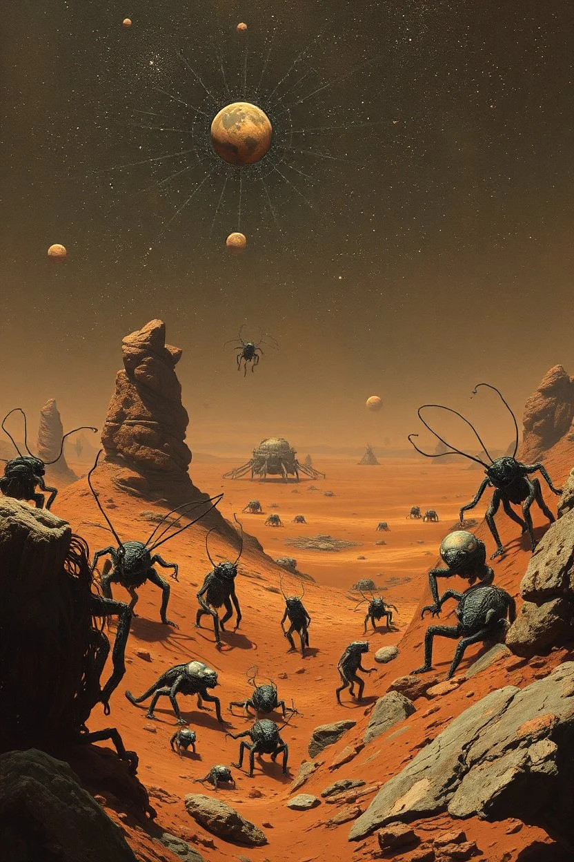 Bosch painting style, show a shot of a view of Mars surface with a lot of wired creatures around