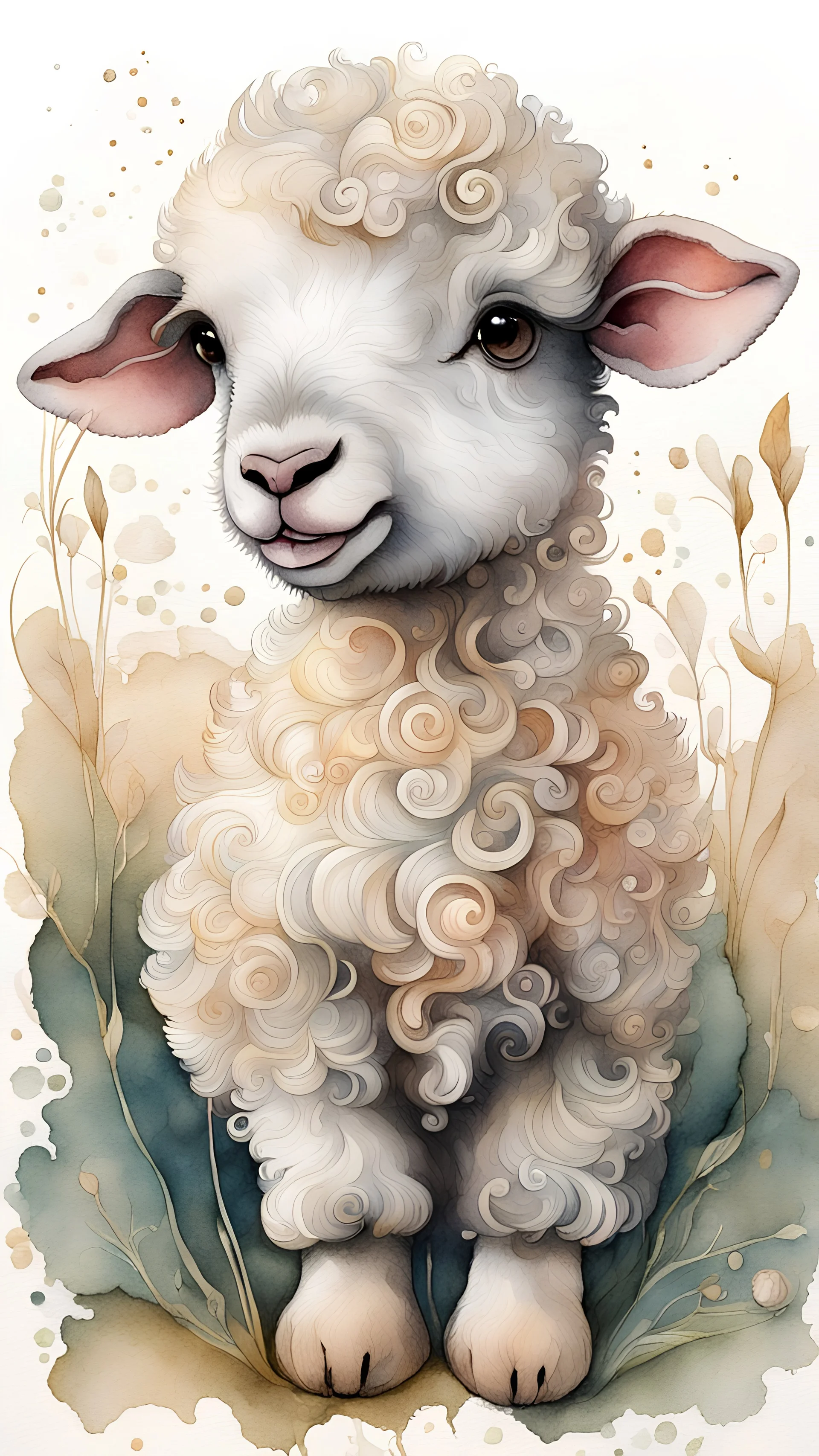 ultra-detailed painting, watercolor on textured paper, strong textures, dynamic ink lines, nuanced colors, art nouveau, illustration of a cute baby lamb, farm, whimsical, enchanting illustration, white background