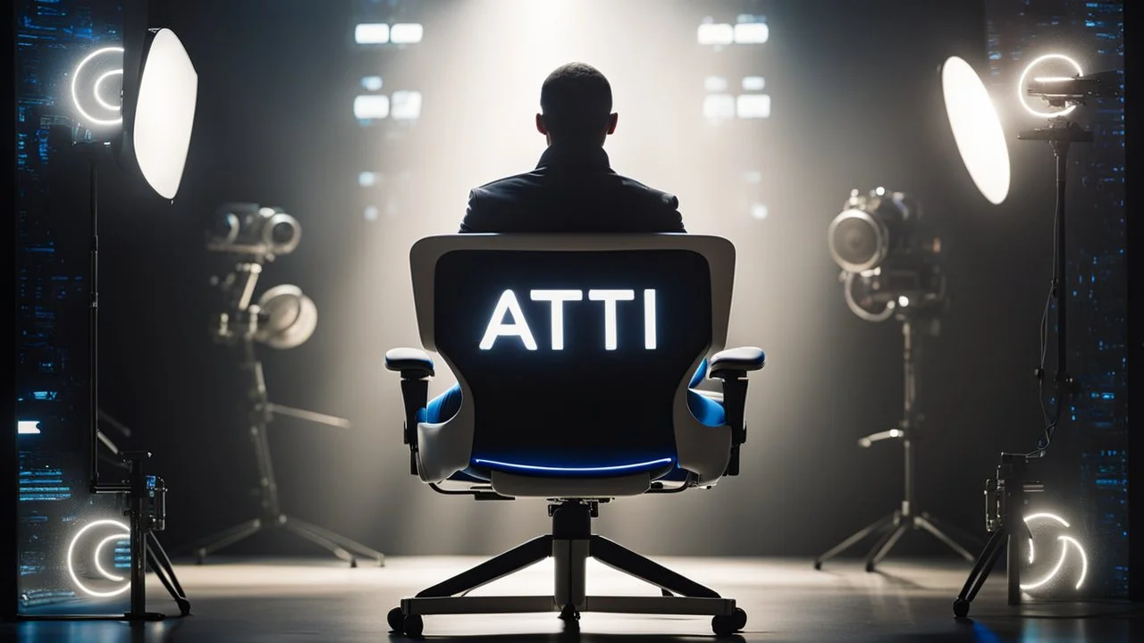 photo from a black producer chair siluette in a futuristic cybertech studio, around many monitors and circle windows to the sky, the inscription capture word text on the back of the chair "Barbi", Professional photography, bokeh, natural and blue-white lighting, perfect shot, sharp focus, professional photo