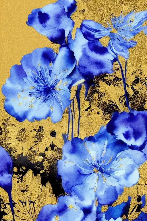 Beautiful flowers, blue watercolour and black ink, shiny gold metallic pieces outlining highly detailed digital painting elegant intricate very attractive award winning fantastic view crisp quality