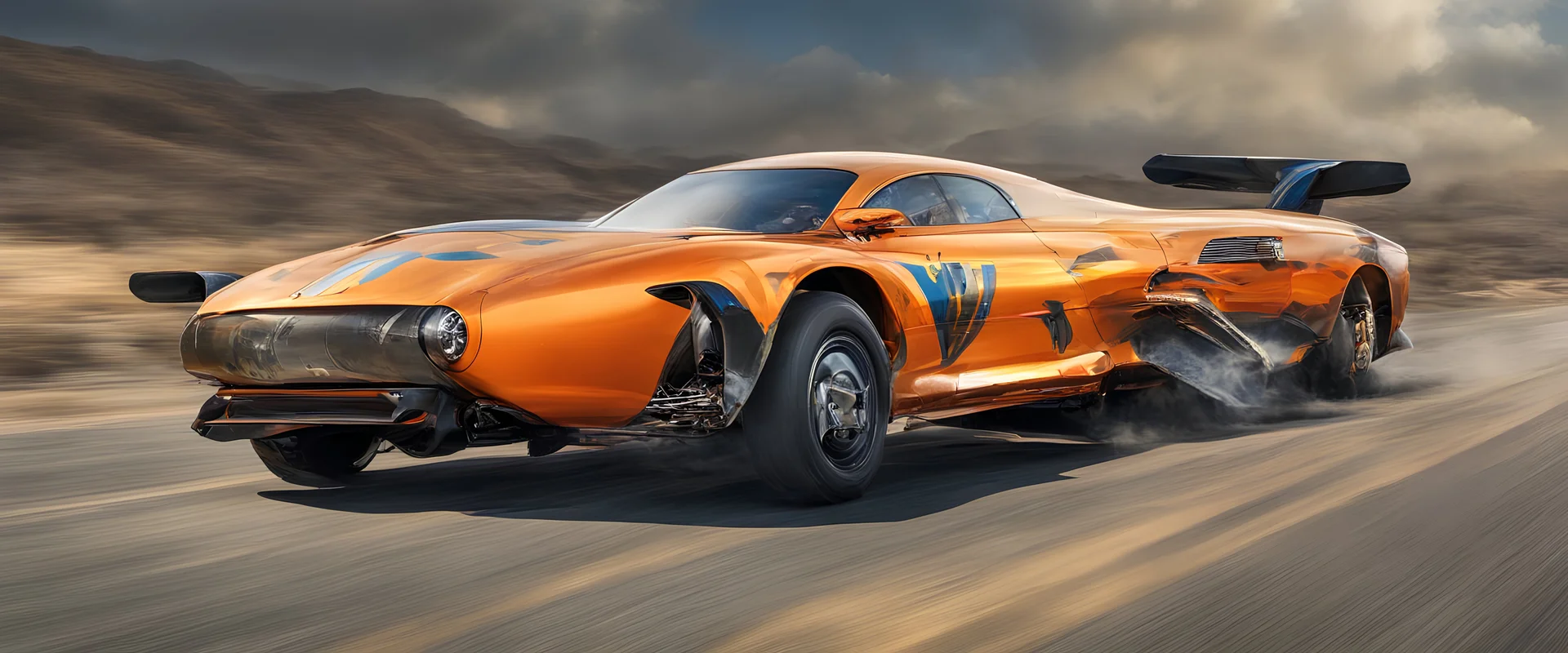 A national geographic award winning photograph of a military fighter jet station wagon wasp hybrid designed by volkswagen only one vehicle per image painted metallic orange traveling at a high rate of speed, jet intake off of front center of vehicle and jet exhaust out the rear with bright blue flame