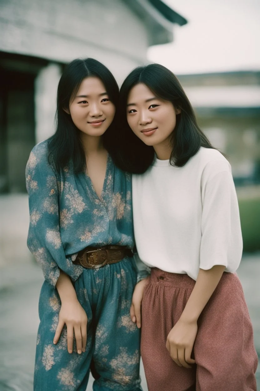 Photo of two young women who love each other. One is Japanese, and the second one is black. Photo taken by a Mamiya M645 camera with a portrait lens on classic medium-format film.