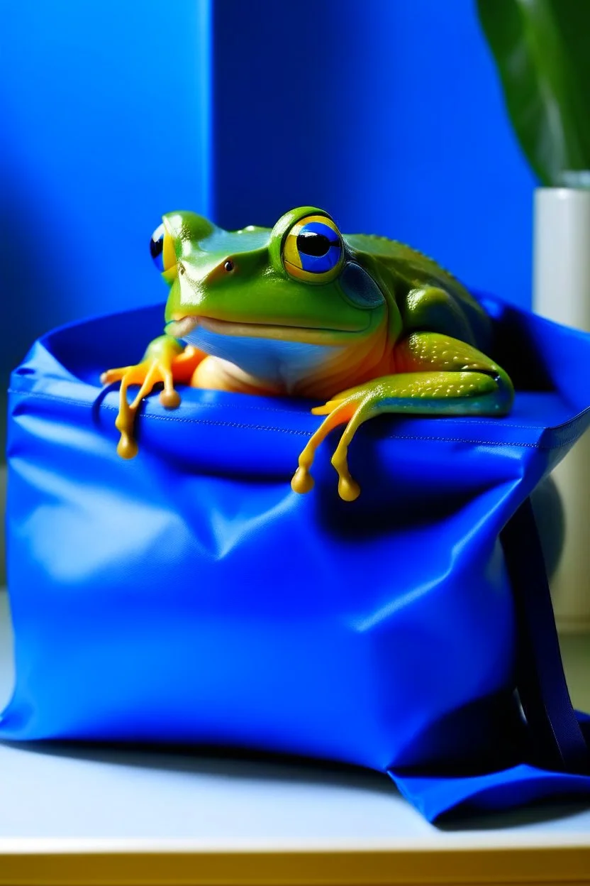 a frog wearing a blue ikea bag