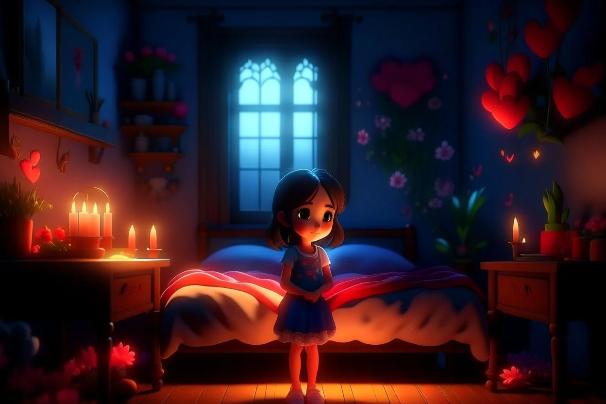 Cute chibi girl in a bedroom at night, flowers in candlelight, heart and love, ethereal, cinematic postprocessing, bokeh, dof Weight:1 detailed matte painting, deep color, fantastical, intricate detail, splash screen, complementary colors, fantasy concept art, 8k resolution trending on Artstation Unreal Engine 5 Weight:0.9