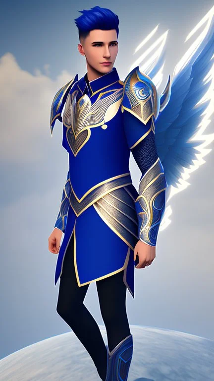 a human male with blue short hair and blue wings in assymetrical armor with geometric patterns and a book in hand, geometric wings