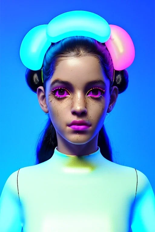 Rosalía artist, Realistic image, natural waist up portrait, perfect eyes, glow eye, black eye liner. sweet face, pigtails hair, spray line make up, glow, gold lips, big rings piercing, led ornament, pearls. inflatable latex coat, cold, led lights, minimal, neon, pink, blue, gold, vibrant color, highly detailed, art stations, concept art, smooth, unreal engine 5, god lights, ray tracing, RTX, lumen lighting, ultra detail, volumetric lighting, 3d, finely drawn, high definition, 4k.