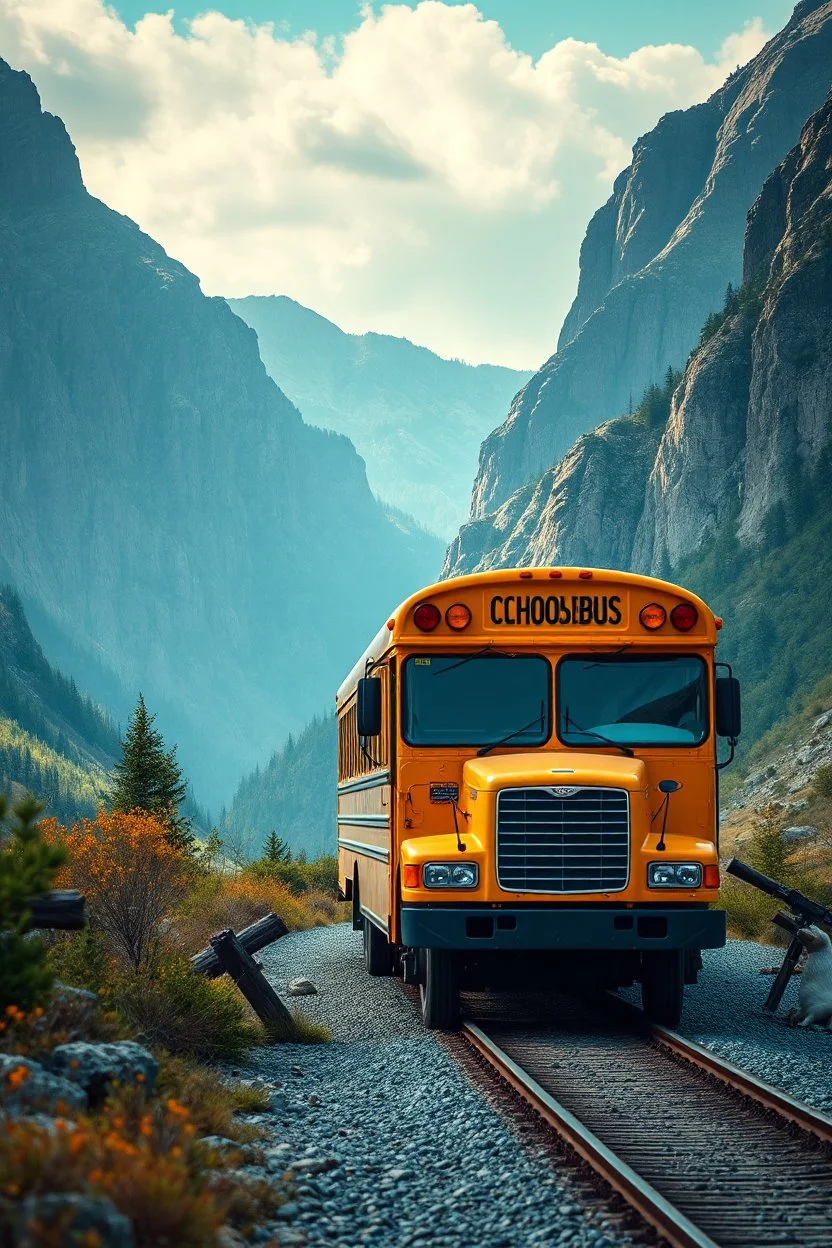 A train truck in stunning mountain landscape, mountain gorge, bright color palette, high detail, perfect composition, gcinematic shot, intricate details, hyperdetail.the train collide with the school bus