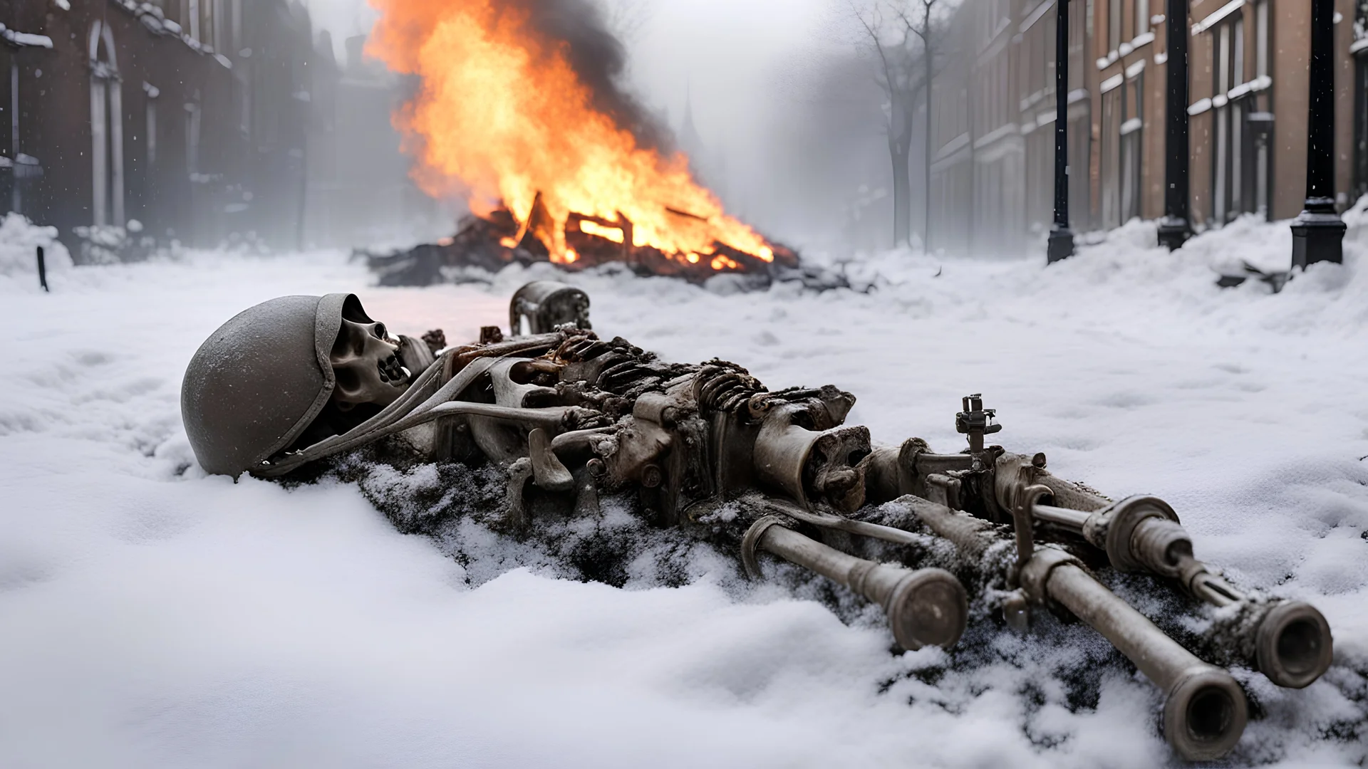 British soldier SKELETON FROM WORLD WAR ONE, half buried BESIDE HIS ARTILLERY, BURNING, BLOOD in a snowy london street 1898, the snow, alien creature feeds on his corpse, , SNOW ON THE GROUND, BURNING DEBRI LIES ALL AROUND, PHOTO REALISTIC, EPIC, CINEMATIC