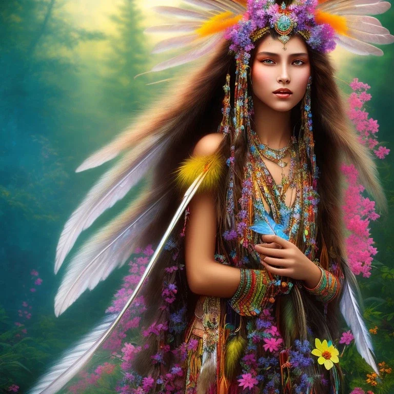 bright native american fairy, beautiful portrait, flowery landscape