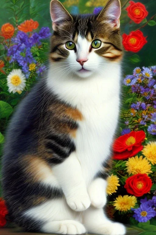 A young beautiful cat, portrait, is sitting in a boat, with a bunch of flowers.