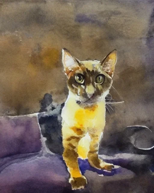 watercolor painting, cat, happy, bright color,