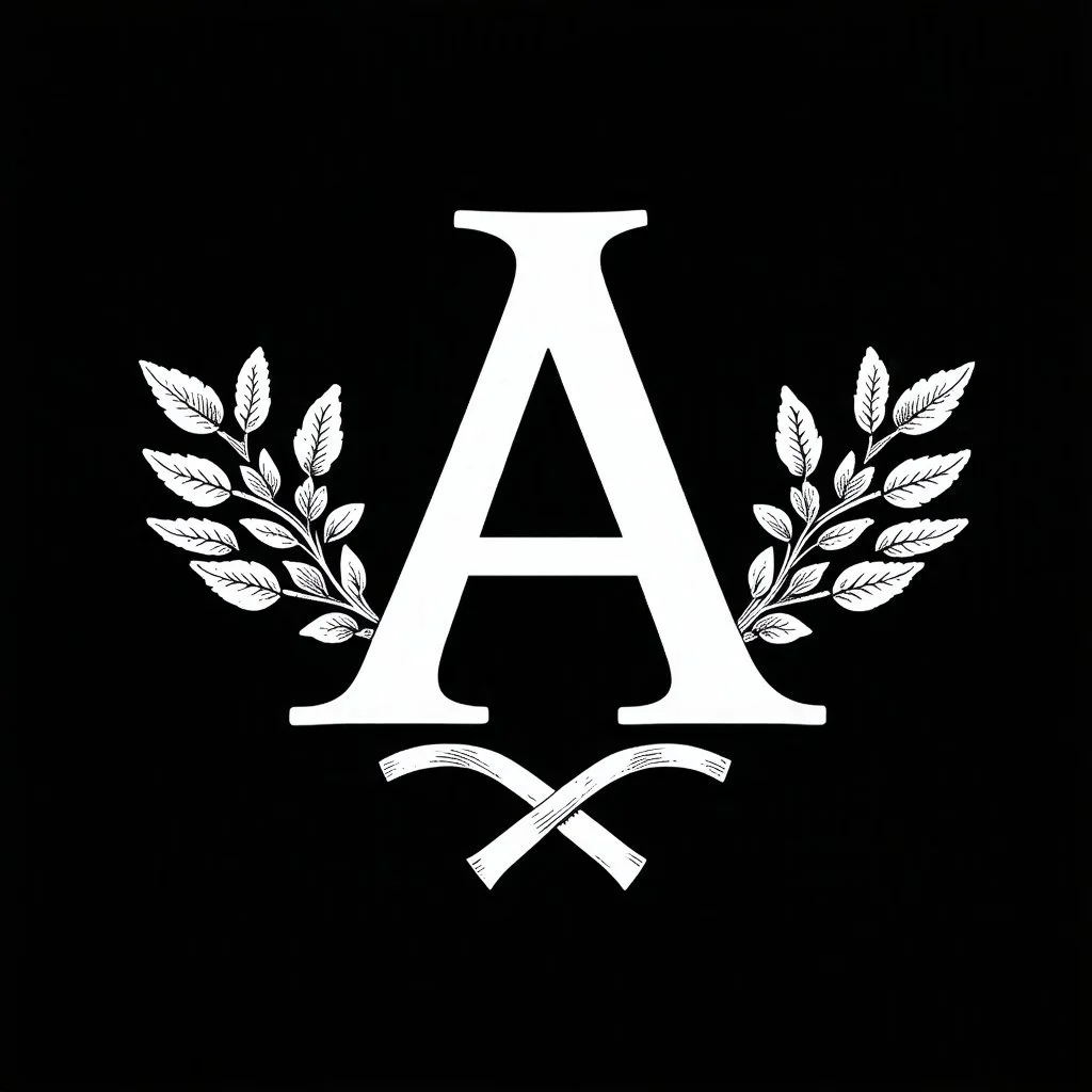 2 branches(crossed at bottom, arching upward in a wreath, delicate hand drawn linework, romantic), Letter A in Middle or wreath, sharp image, white vector on black background