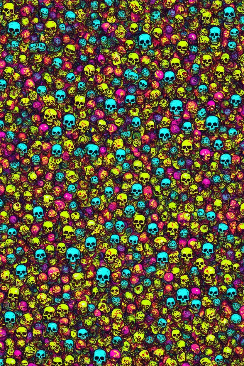 a field of 1000s of cartoonish, anatomically correct, skulls, vivid RANDOM BRIGHT neon colors, dark comedy, well lit, high detail, photorealistic, horrorcore, fun, scary, none featured, each a different color or hue,