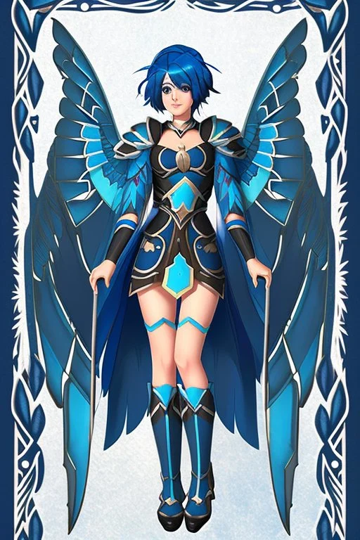 a human with blue short hair and blue wings in an assymetrical armor with geometric patterns and a book in hand