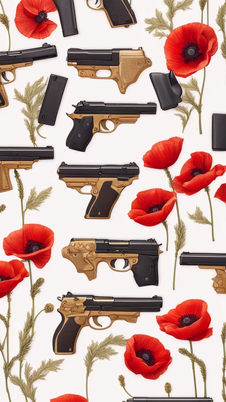 Two gold pistols and a red notebook on a white scarf. A field of red poppies. Close-up from above.cinematic.dark mood