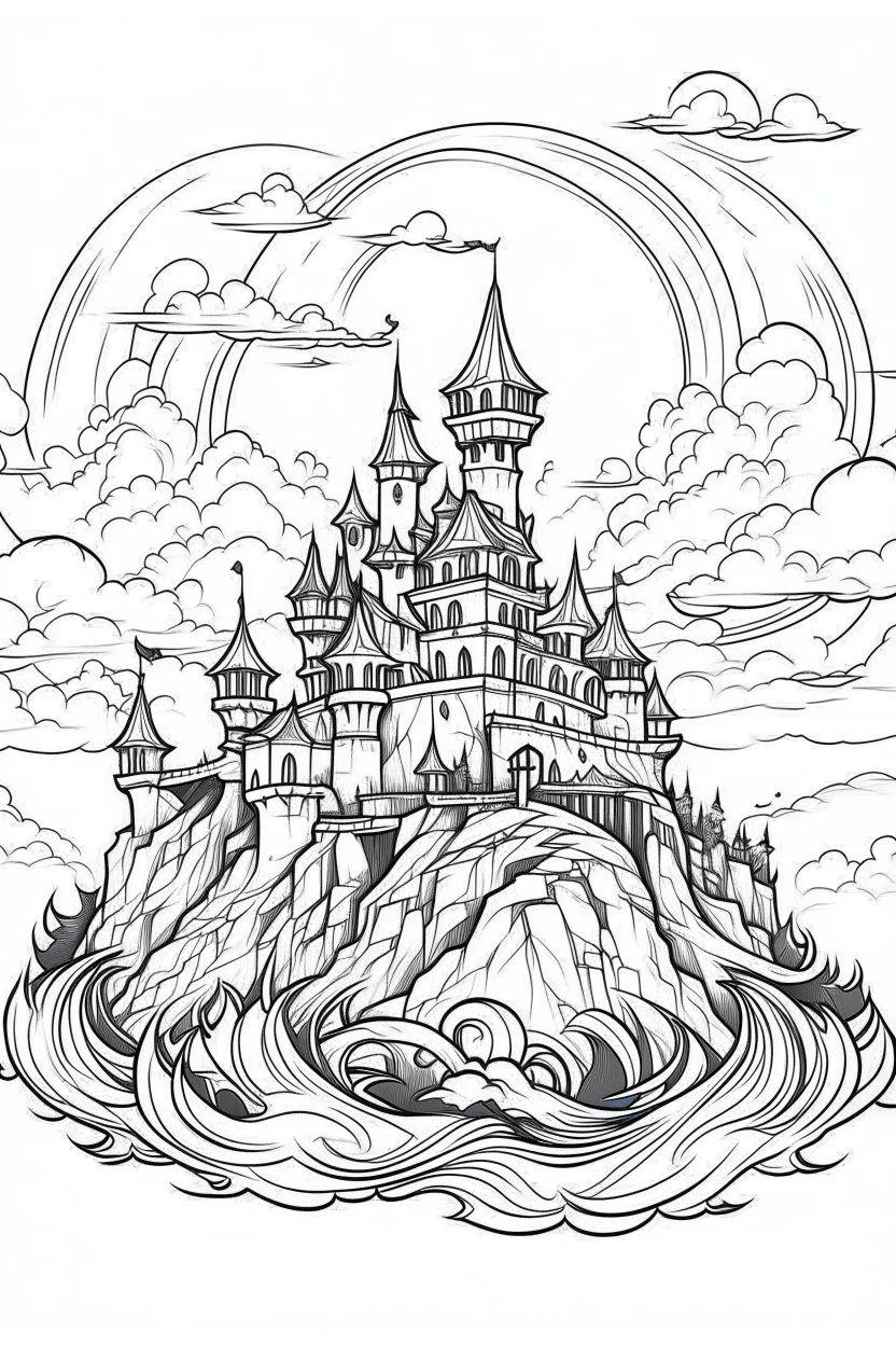 A vampire castle on a hill, surrounded by fog and illuminated by lightning. Outline, sketch style, only use outline, mandala style, clean line art, white background, no shadows, no clear wall, coloring page.