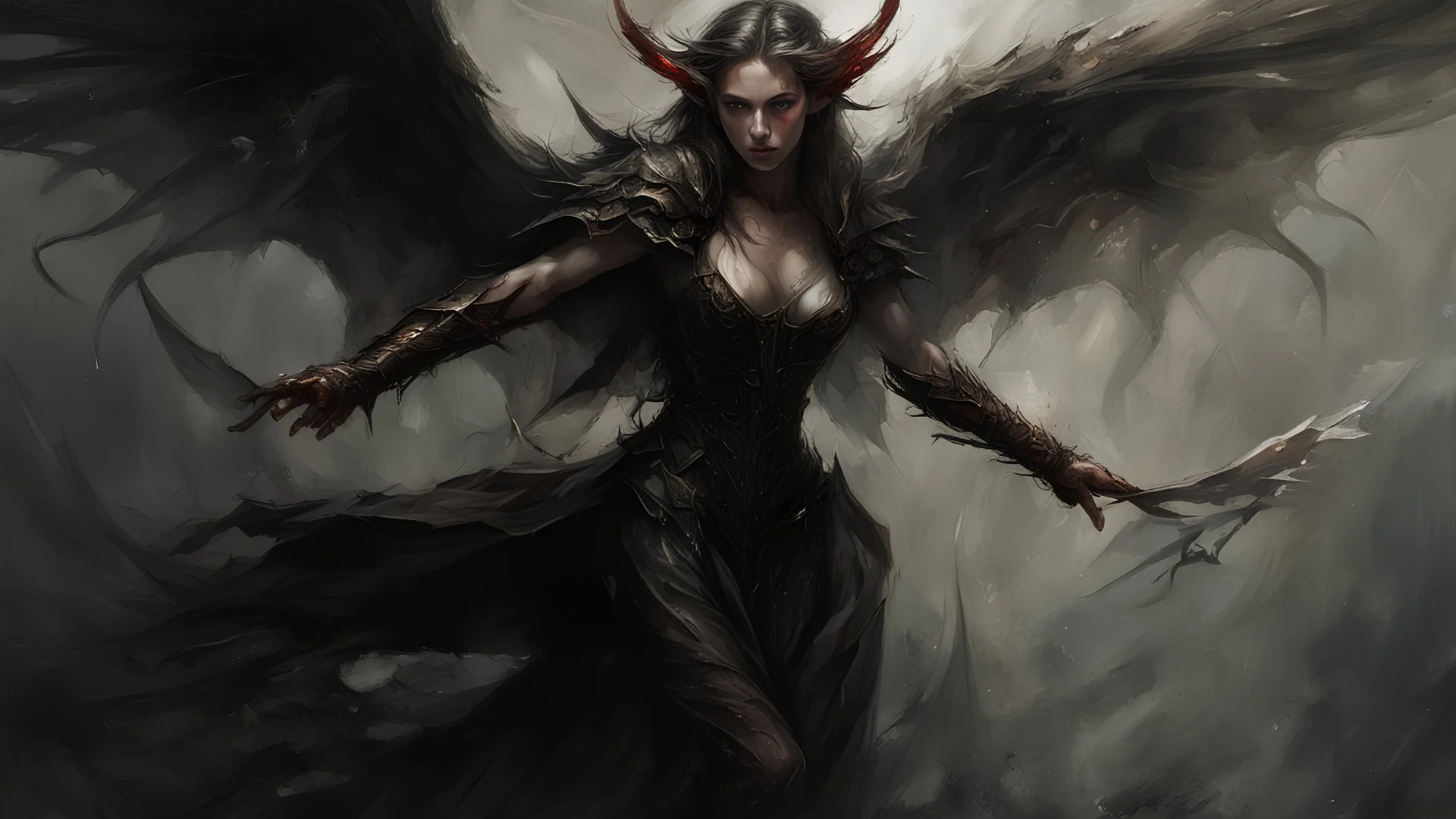 Demonic Elves with Wings,, Full Body Shot, Hyperrealistic, Photorealistic, Instant Details, darkness, by Raymond Swanland & Alyssa Monks & Anna Razumovskaya