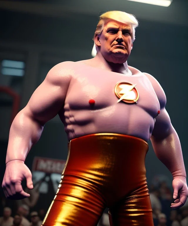 Donald trump wrestler, wrestling, flash lights, naked torso, color breeches, suspenders, retro style, 80s, hot ambient, photo studio, gold, vibrant color, gradient, highly detailed, art stations, concept art, smooth, unreal engine 5, god rays, ray tracing, RTX, lumen lighting, ultra detail, volumetric lighting, 3d, finely drawn, high definition, high resolution.