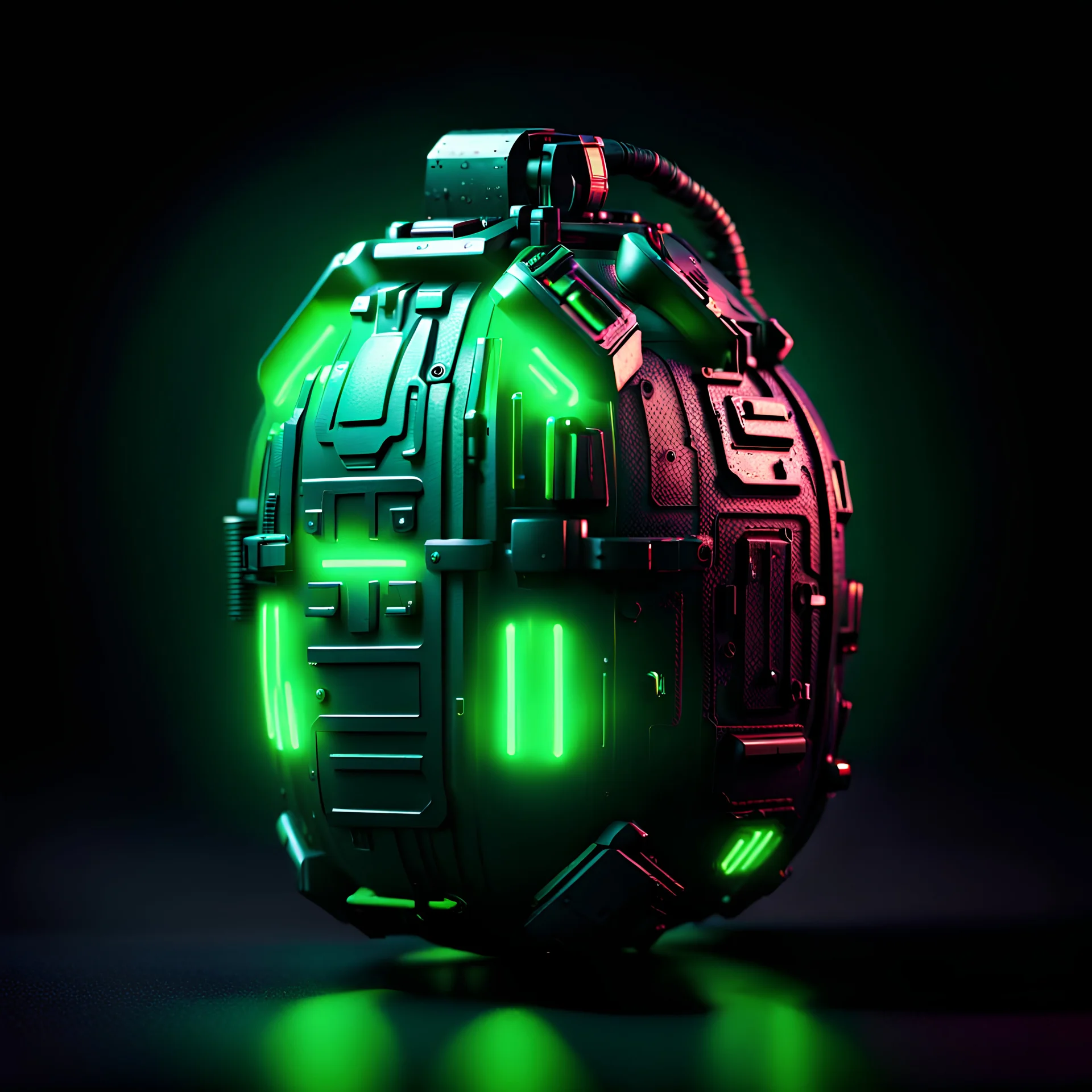 cyberpunk grenade, black background, green lighting