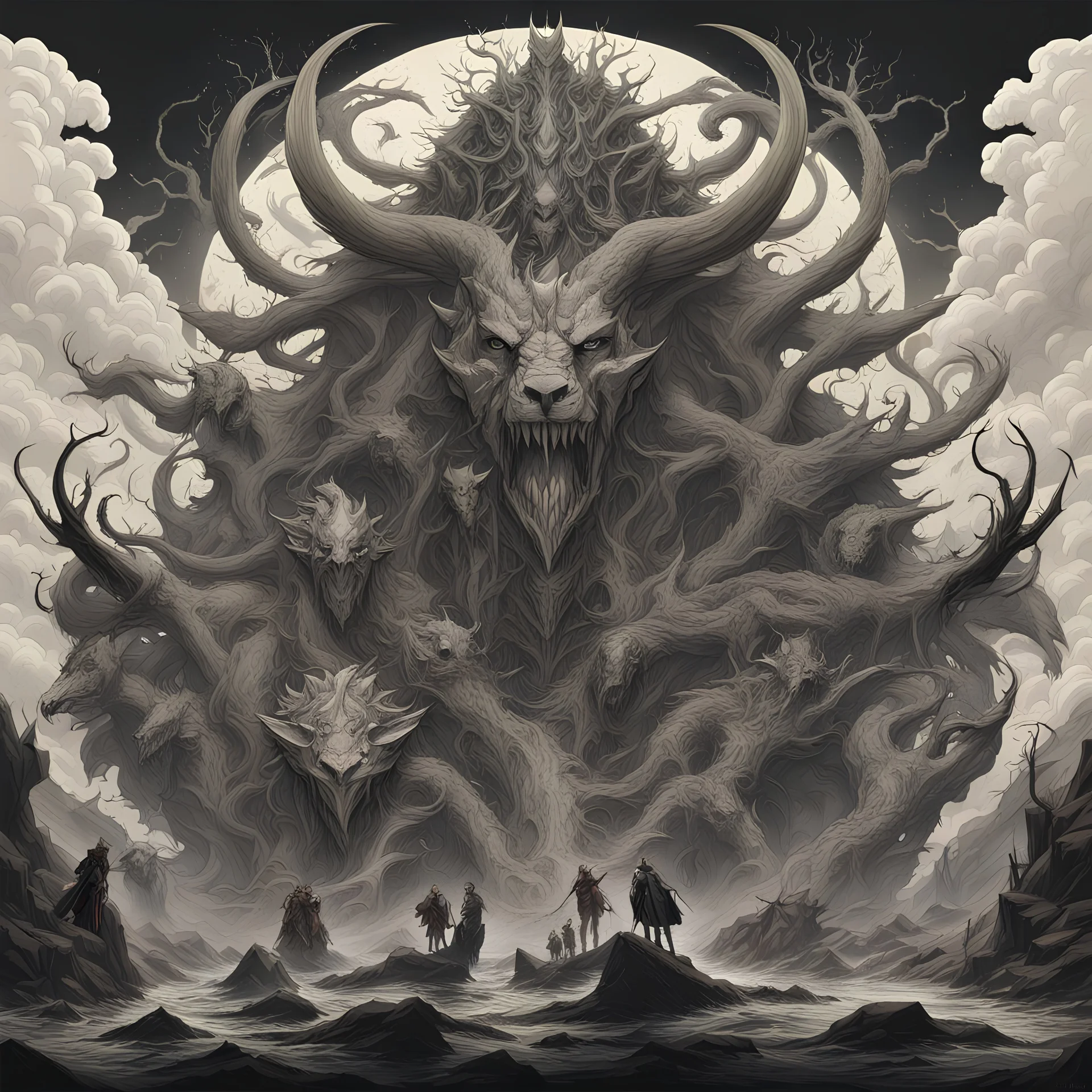 Generate a visually striking artwork that depicts a thirst for dominion drawing inspiration from dark mythology and biblical references. Incorporate elements of chaos, destruction, and a foreboding atmosphere