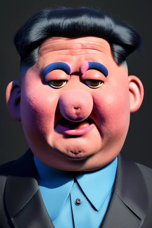 Waist up muppet Portrait, Kim Jong-un as muppet doll, black suit, photo studio, blue background, unreal engine 5, concept art, art station, god lights, ray tracing, RTX, lumen lighting, ultra detail, volumetric lighting, 3d.