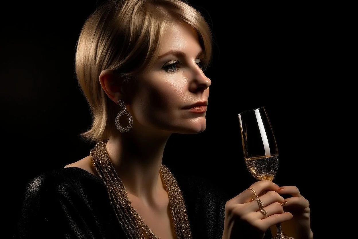 Mujer bebiendo de una copa de champán. Su rostro se asoma por el lado derecho de la imagen, llevan collar de oro, pulsera de oro y pendientes de oro, es rubia con el pelo peinado hacia atrás. Fondo negro muy difuminado Fotografía realizada con una cámara Leica y con objetivo de 50 mm