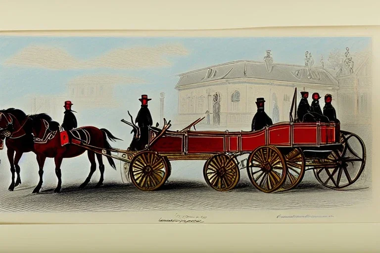 Fiacre, landauer carriage with two horses in Vienna. Pencil sketch. Old paper. Colours