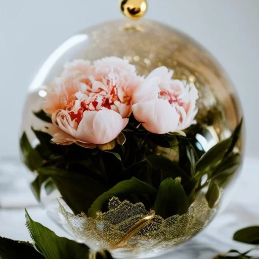 Cinematic shot of peonies inside a golden lace crystal sphere