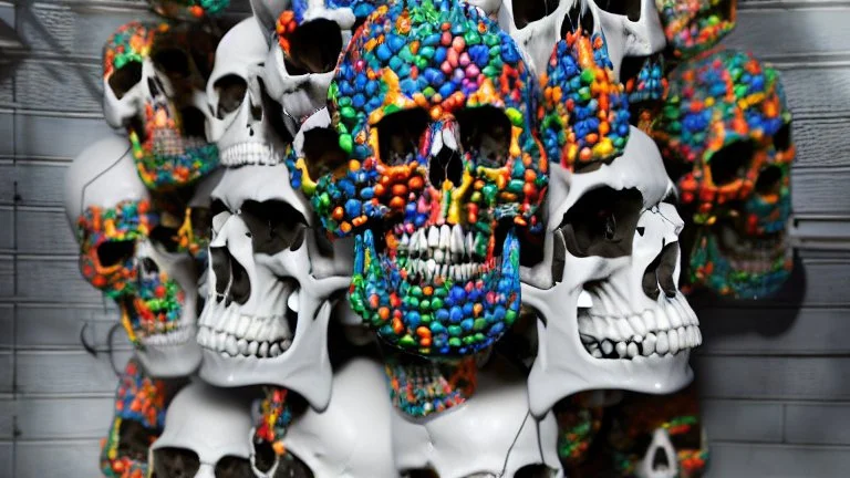 hundreds of anatomically correct, human skulls stacked into a wall unusual neon lighting, high octane, 64k, dystopian, vray, a picture of a dark, comedic, anatomically correct wall of colorful tightly packed skulls of varying sizes and expressions, photo-realistic, insanely meticulous, highly detailed,, 64k, dystopian, vray