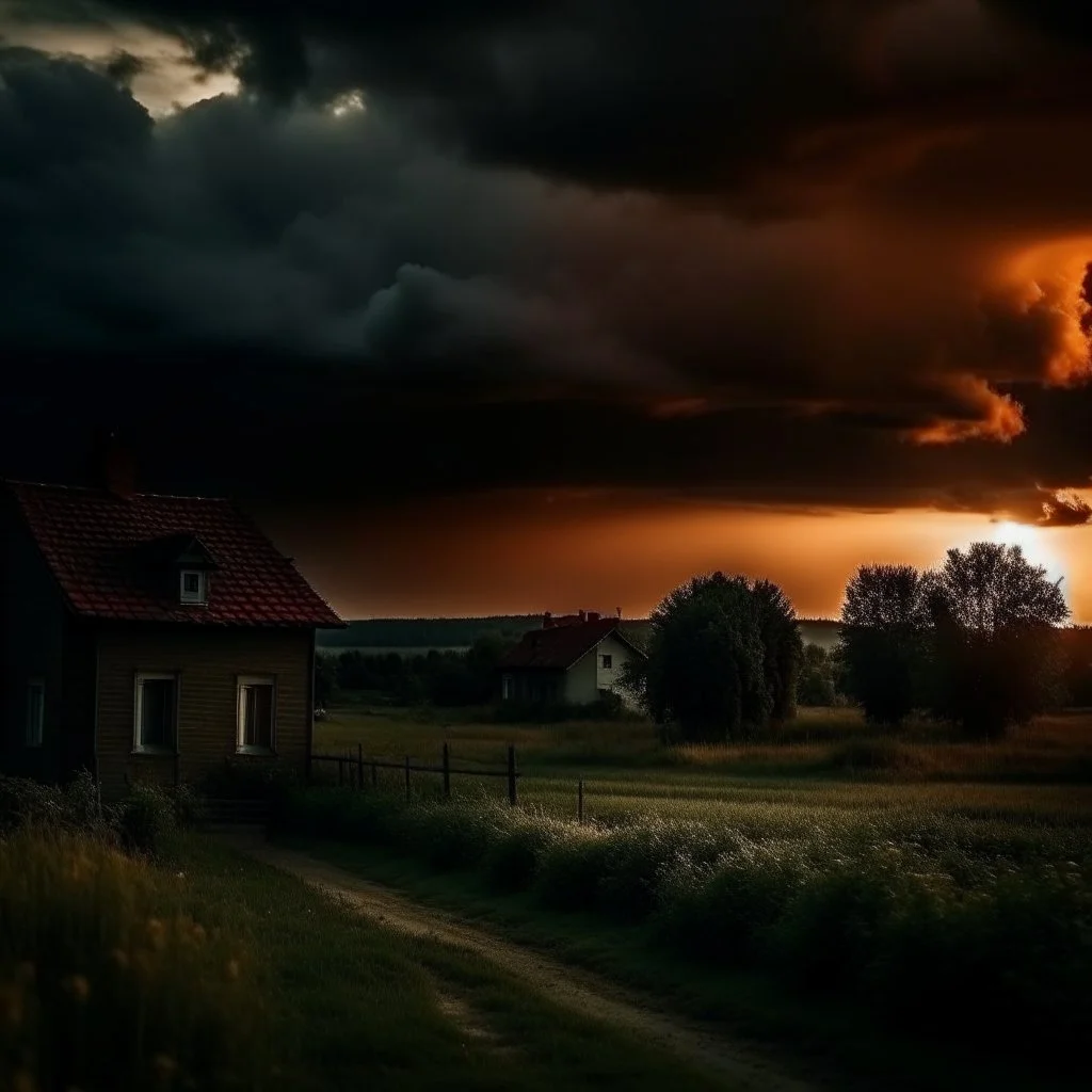 leaving home photo quality dark sunset mood, storm in the background