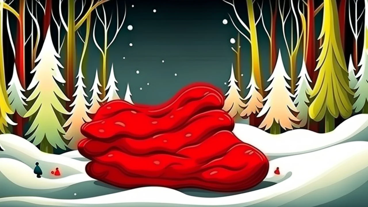 fantasy cartoon style illustration: red mitten on snow in the wood