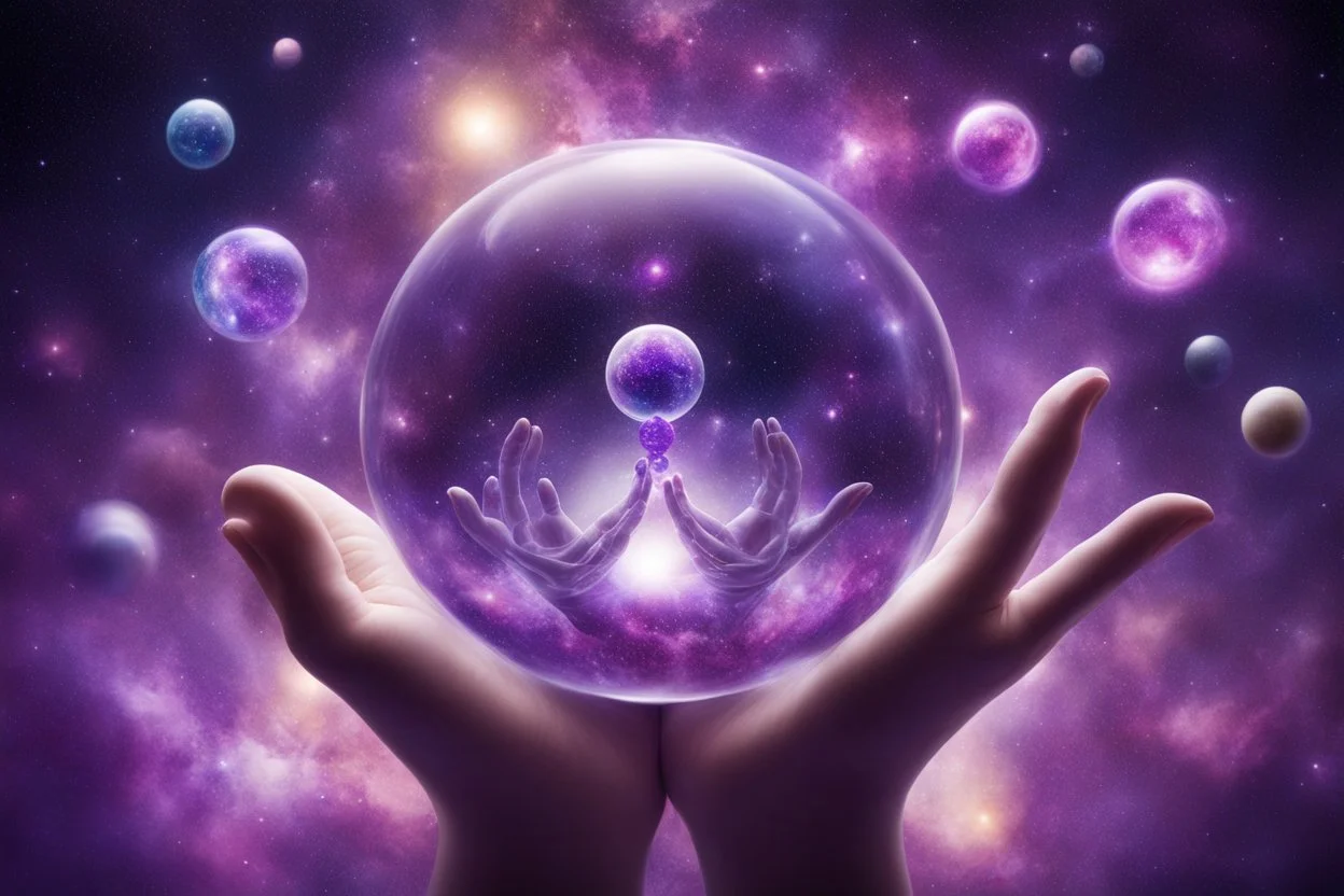 kundalini, connected to the universe, few colours of galaxy, holding galaxies in few hands in glass balls, purple colours