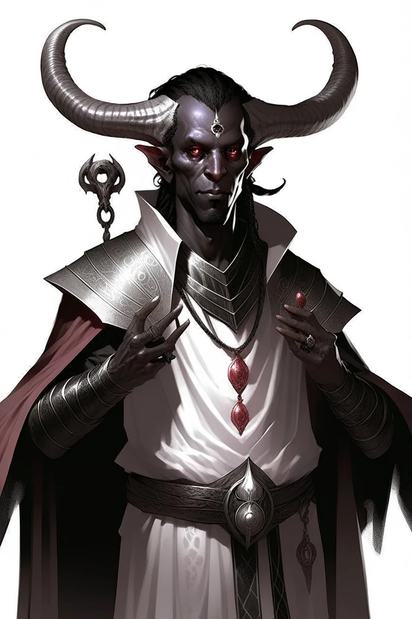 En Young male Black skin black hair tiefling Wizard with large horns glowing Silver and White symbols Everywhere on his body. He's wearing silver and White Rope and a silver cloak. His horn a perfectly place on acet from the front to the back pointing upwards with glowing Red cat Eyes. His close is elegant get simple his horns Are Same size. A little bit of Purple on his close