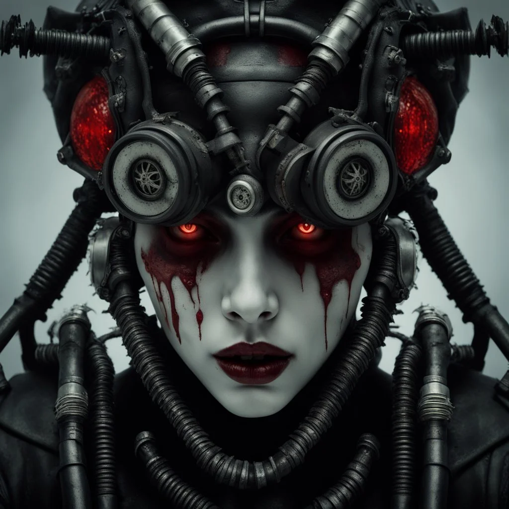 Demonic mechanical creepy aggressive necrophage zombie undead girl with scary red eyes, in a spiky mechanical gas mask with tubes, dark fantasy horror, Filigree, Aesthetically pleasing, Realistic, Professional photo, 4k, hight resolution, higly detailed, 30mm lens, 1/250s, f/2.8, ISO 100