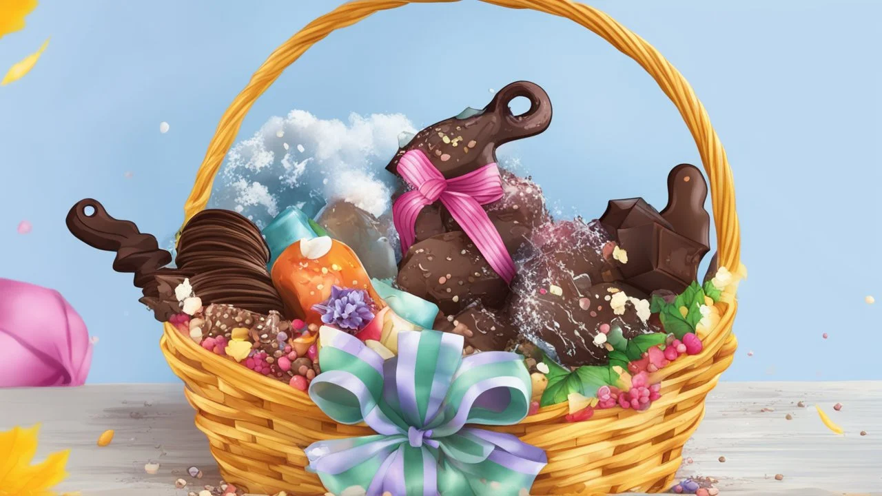 Fantasy cartoon illustration: a basket full of chocolate treats