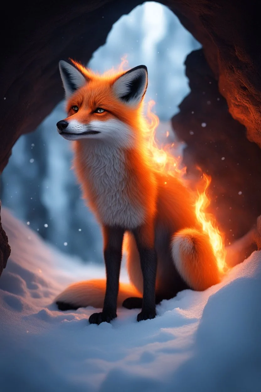 nyx as a fox living under the snow in a dark cave lit with fire