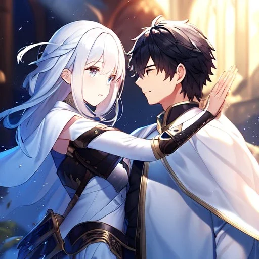 Girl with white hair wearing white robes. Boy with black hair wearing leather armor